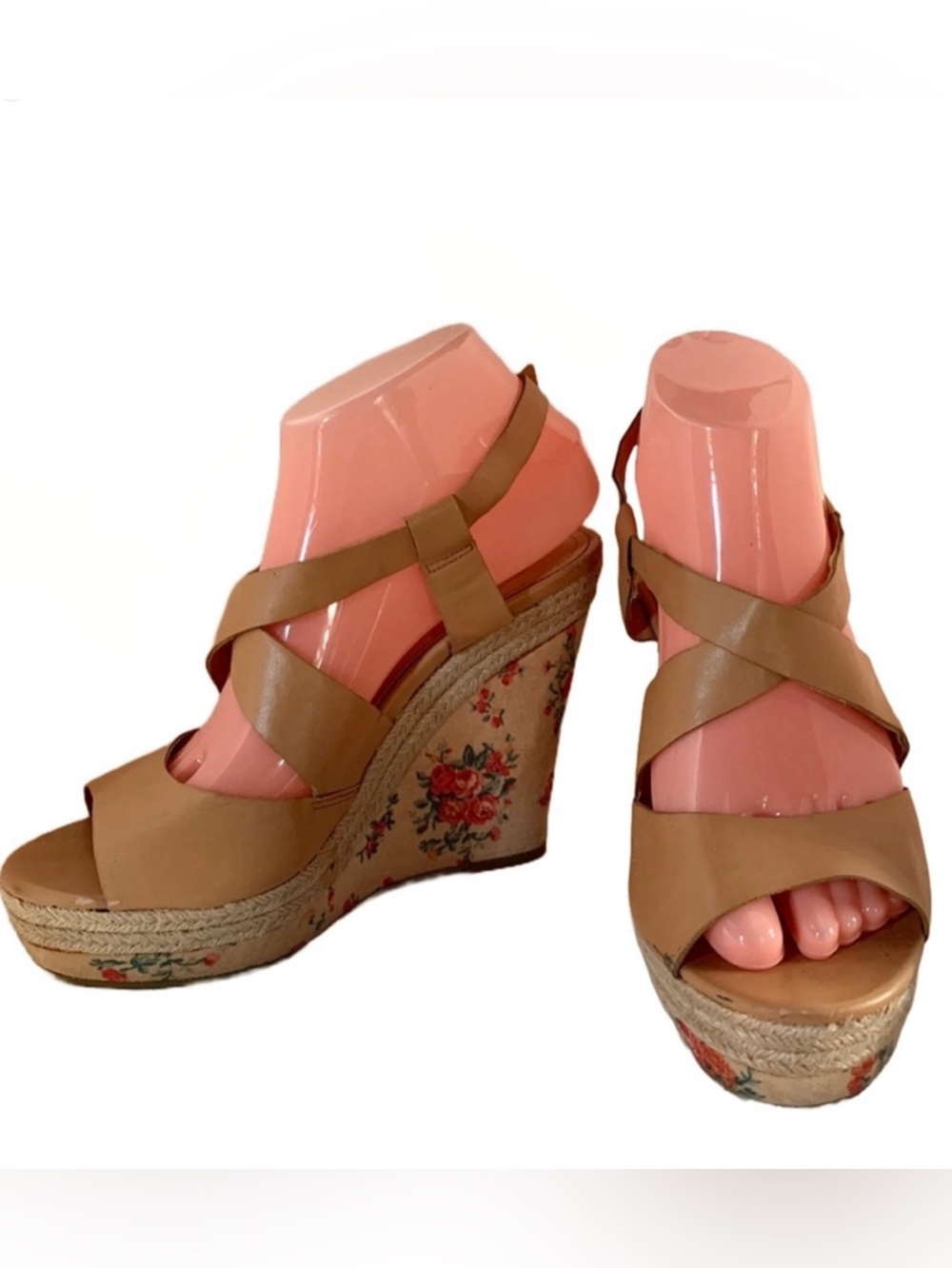 JESSICA SIMPSON "JP MASON" BROWN FAUX LEATHER & FLORAL PRINT WEDGE SANDALS (8)